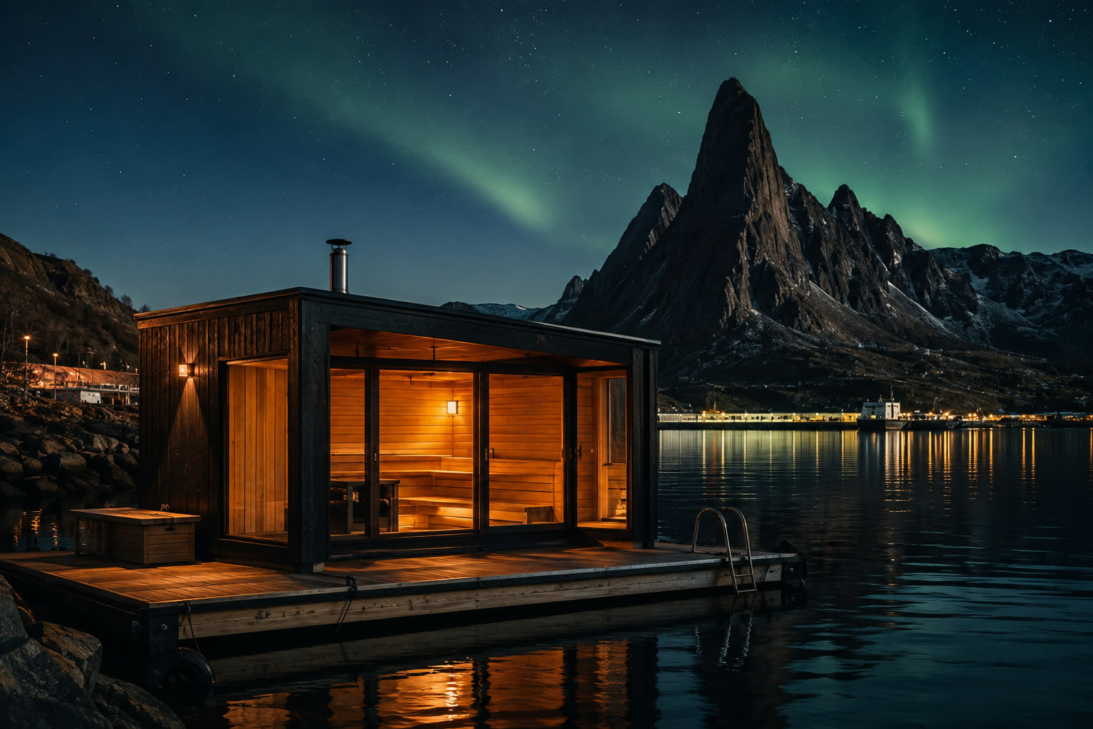A floating sauna glowing with warm light at night, moored on the fjord beneath a steep mountain peak and the aurora borealis